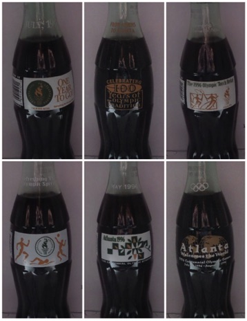 € 30,00 coca cola 6 flessen OS logo's nrs 1995/ 0639, 2170, 1996/ 0023, 0063, 1316, 1163